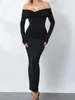 الفساتين غير الرسمية Chronstyle Women Long Dress Ruched Slash Neck Off-Conder Sleeve Solid Slim Fit Cocktail Party Vestidos 2024