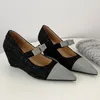 Kleidschuhe Damen Kostüm Tweed Pailletten Patchwork Slip-on Mary Jane Pumps Keil spitze Zehen süße Fliege koreanischer Stil mit Absatz 33