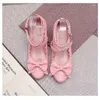 Модельные туфли, милые туфли в стиле Лолиты на высоком каблуке, милый японский бант с перекрестной пряжкой, толстый каблук, круглый носок и неглубокий носок для девочек, аниме Kawaii Loli