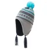 Berets Infant Kids Baby Winter Plush Lining Earflap Cap Geometric Stripes Knitted Tassels Thicken Warm Skiing Beanie Hat