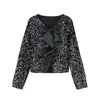 Women's Blouses Sequins Bow Blouse For Women Elegant Sparkly Long Sleeve Short Top Female Fashipn Party Vintage Tops Sexy Shirts 2