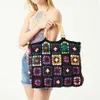 Totes Vintage Crochet Granny Square Tote Bag Designer Bamboon Handle Women Handbags Knitted Handmade Woven Big Shopper Purses 2023H24217
