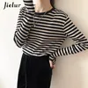 Jielur Green Blue Black Striped Long Sleeve T Shirt Women Cotton Top Female Basic Bottoming Shirt Autumn Tshirts Gloves SXL 240129