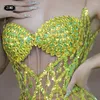 Stage Wear Fashion Green Rhinestone Dress Cearle Sparkle Sexy See Through Club Party Birthday for Women Pole taneczne odzież