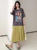 Party Dresses 2024 Summer Long Dress Women's Cotton Material Printed Panel Pleated Skirt Hem Short Sleeve Large