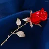 Brooches Shining Rose Women Quality Red Zircon Brooch Pins Unisex Soft Enamel Flower Plants Party Office Fine Jewelry Ladies