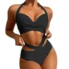 Mulheres Swimwear Crop Tow Duas Peças Ruched Cintura Alta Envoltório Retro Maiô Tops Shorts Frente Mulheres Impressão Vintage