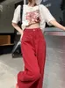 Dżinsy damskie QWeek Y2K Red Pocket Dżinsy Women Korean Basic Extra duże szerokie nogi dżinsowe spodnie damskie retro dżinsy j240217