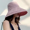 Berets Canvas Bucket Hat Womens Reversível Algodão Floppy Dobrável Xadrez Praia Sun Protetor Caps Senhoras Grande Aba Larga