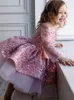 Sequined pink flower girl dresses sheer neck crystals little girl wedding dresses big bow frist communion pageant dresses gowns luxury birthday baby Peageant Dress