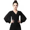 Palco desgaste 2024 mulheres adultas moderno traje de salão senhora dança latina top preto sexy v-pescoço gaze lanterna mangas compridas dancewear