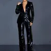 Fashion Solid Women 2 Pieces Set Blazer Pant Suits Spring Long Sleeve Sequins Coat High midje breda benbyxor Kvinna 240202