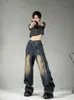 Women's Jeans High Street New American Washed Vintage Jeans Y2K Gothic Fashion Spliced Silhouette Straight Wide Leg Mens Pants J240217