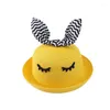 Bérets Xeongkvi mignon dessin animé plissant rayures oreilles enfants bridant chapeau de soleil marque d'été chapeaux de paille pour garçon fille bébé large bord casquette