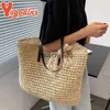 Bolsas de ombro Yogodlns ot fasion Simples ollow beac bags mulheres bolsa de palha vintage knied big tote soulderH24217