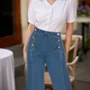 Jeans femininos Belle Poque Mulheres cintura alta calças largas perna vintage botão decoração casual calças elásticas com bolso calças a30 j240217