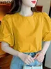 여자 블라우스 여성 패션 탑 vonda 여름 2024 짧은 퍼프 슬리브 우아한 주름 파티 셔츠 캐주얼 한 느슨한 단색 튜닉 blusa