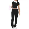 Women's Two Piece Pants Women Cropped Top Solid Color Crew Neck 2 Pajamas Sets Short Sleeve Flare Daily Outfit Yoga Sports