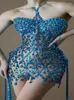 Stadiumkleding Glanzende blauwe strass-pailletten Jurk Dames Feest Mini-jurken Vier outfits Sexy Halter Gogo-dansereskostuum