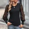 Blouses Femmes Col rond Femmes Top Léopard Imprimé Maille Élégant Printemps-Automne Slim Fit Blouse Avec Patchwork Transparent Manches Longues