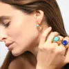 Stud Earrings 2024 Ins Influencer Fashion Natural Amazonite Ear Circle Hoop Blue Stone Lapis Amazonstone Pink Coral Ring Jewelry Set