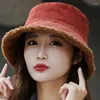 Berets Warm Reversible Faux Pelz Eimer Hut Frauen Winter Lamm Wolle Fleece Kappe Cord Fischer Hüte Sonnenschutz Panama Kappen einfach