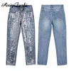 Kvinnors jeans paljett rivna denim kvinnors botten street kläder dragkedja kant rivna denim kvinnor denim löst passande kvinnor denim J240217