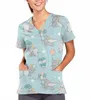 Mulheres Camisetas Elefante Padrão Salão de Beleza Roupas de Trabalho Spa Care Bolso V-Pescoço Impressão Scrub Top Uniforme de Verão