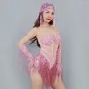 Stage Wear Sexy Rose Strass Body Franges Chapeaux Pole Dance Gogo Costume Femmes Festival Vêtements Dj Rave Outfit XS6617