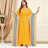 Vestidos casuais elegante vestido de festa feminino dubai turquia kaftan muçulmano impresso bat manga abayas para mulheres lace-up caftan islam roupas