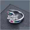 Anneaux de mariage Bague de fiançailles de fleur arc-en-ciel remplie d'or pour femmes Colorf Zircone cubique Cz Bague d'éternité Bagues de promesse Fas Dhgarden Dhmkg