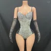 Palco desgaste moda prata lantejoulas strass bodysuit luvas mulheres festa pólo dança traje nightclub dj festival outfit xs6856