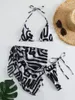 Mulheres Swimwear Malha 3 Peças Bikini Set Mulheres Preto Zebra Imprimir Saia Maiô Verão Leopardo Push Up Praia Banheira Terno Tanga Biquini