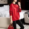 Kadın Hoodies #4715 Mavi Kırmızı Sokak Giysesi Sweatshirts Kadınlar Split Ortak Dantel Yuvarlak Boyun Yanlış İki Parça Kadın Gevşek Kore Stili