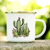 Mugs Tropical Plants Cactus Print Enamel Creative Coffee Tea Water Milk Cups Summer Camping Handle Drinkware Vacation Mug Gifts