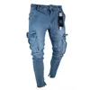 Mens Stretchy Skinny Rasgado Jeans Homens Bolso Lateral Lavado Slim Denim Calças Biker Moda Sweatpants Hip Hop Calças Basculador 240127