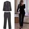 Frauen Hosen Frau Schwarz Satin Blazer Vintage Hohe Taille Hose 2024 Frühling Herbst Dame Formale Business Zwei Stück Smoking