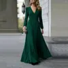 Casual Dresses Deep V Neck Women Maxi Dress Formal Long Elegant Sleeve Drawstring Waist Solid Color Fit And Flare Prom Gown