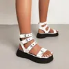 Sandals 2024 Summer Black Leather Gladiator For Women Three Buckle Platform Street Style Flat Roman Shoes Woman 43