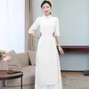 Vêtements ethniques Vintage Harajuku Purple Ao Dai Vietnam Pantalon solide Deux pièces Ensemble Broderie Style chinois Femmes Slim Casual Blanc Long Top