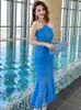 Abiti casual Elegante bellissimo abito lungo da donna Sexy Halter Blu Sheer Lace Backless Wrap Hip Fishtail Robe Female Prom Party Club