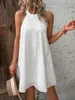 Sukienki swobodne Kobieta prosta solidna sukienka letni rękaw haftowane koronkowe mini 2024 elegancki luźny zbiornik na plaży