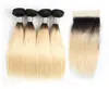 Ombre blondin raka hårbuntar med stängning 1b 613 Dark Roots 50GBundle 1012 tum 4 buntar Brasilianska remy Human Hair Extens8070912