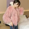 Women's Fur Imitation Coat Winter Sequined Tassels Short Faux Raccoon Beaded Fringed Bomber Jacket Cardigan