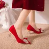 Dress Shoes Elegant Bowtie Rhinestone Wedding Women Red Flock Shallow Thin Heel Pumps Woman Pointed Toe High Heels Bridal 2024