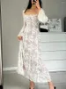 Casual jurken dames elegante kanten jurk vierkante hals lange flare mouw bloem tie-up lente herfst swing y2k streetwear