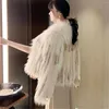 Kvinnors pälsimitation kappa vinter paljett tofsar korta faux tvättbjörn pärlstav fransad bomber jacka cardigan