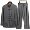 Abbigliamento etnico Set tradizionale cinese Uomo Camicia con fibbia in lino autunnale Pantaloni orientali retrò Top Tai Chi Uniformi traspiranti Hanfu