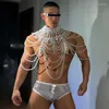 Stage Wear Bar Discothèque Dj Rave Outfit Sexy Perles Poitrine Chaîne Laser Briefs Hommes Pole Dance Vêtements Gogo Dancer Costume XS6900