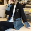 Women's Suits Office Lady Denim Spliced Blazers Casual Tailored Collar Spring Autumn Single Button Female Clothing Patch Designs Beading